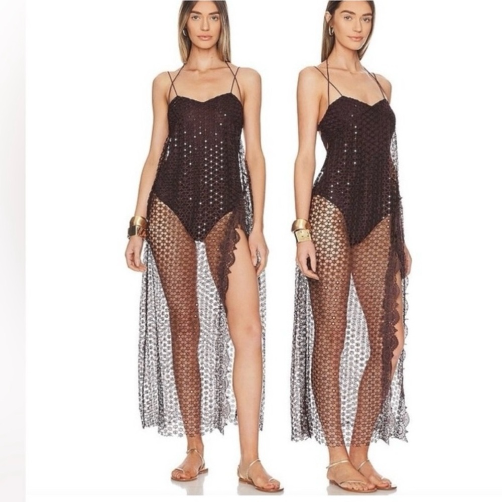NWT Free People Chocolate Brown‎ One Piece Swimsuit attached crochet sequins M/L